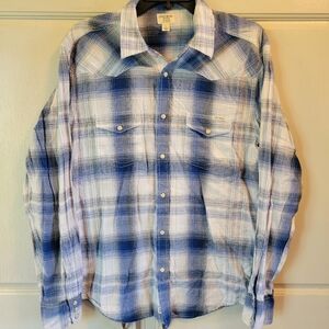 Lucky Brand Blue White Plaid Western Style Long Sleeve Pearl Snap Shirt